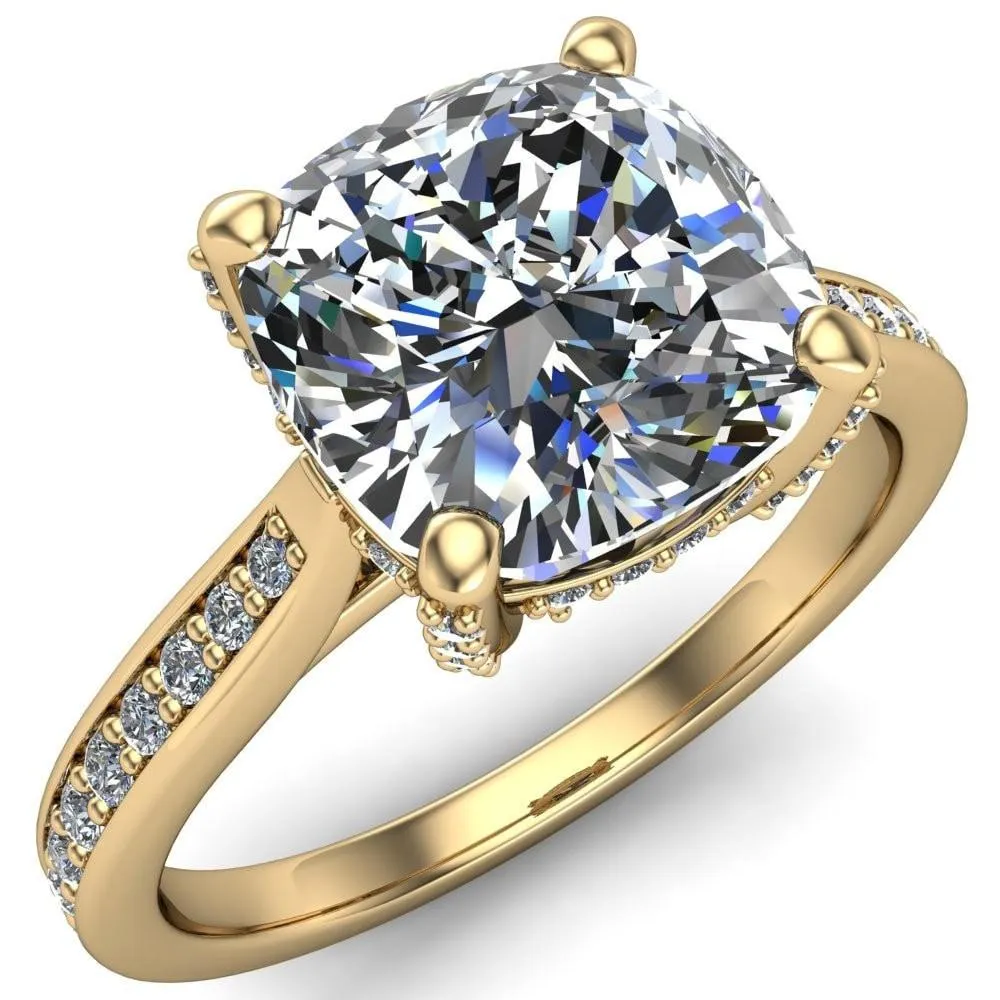 Royce Cushion Center Stone 4 Prong Under Bezel Diamond Channel Engagement Ring