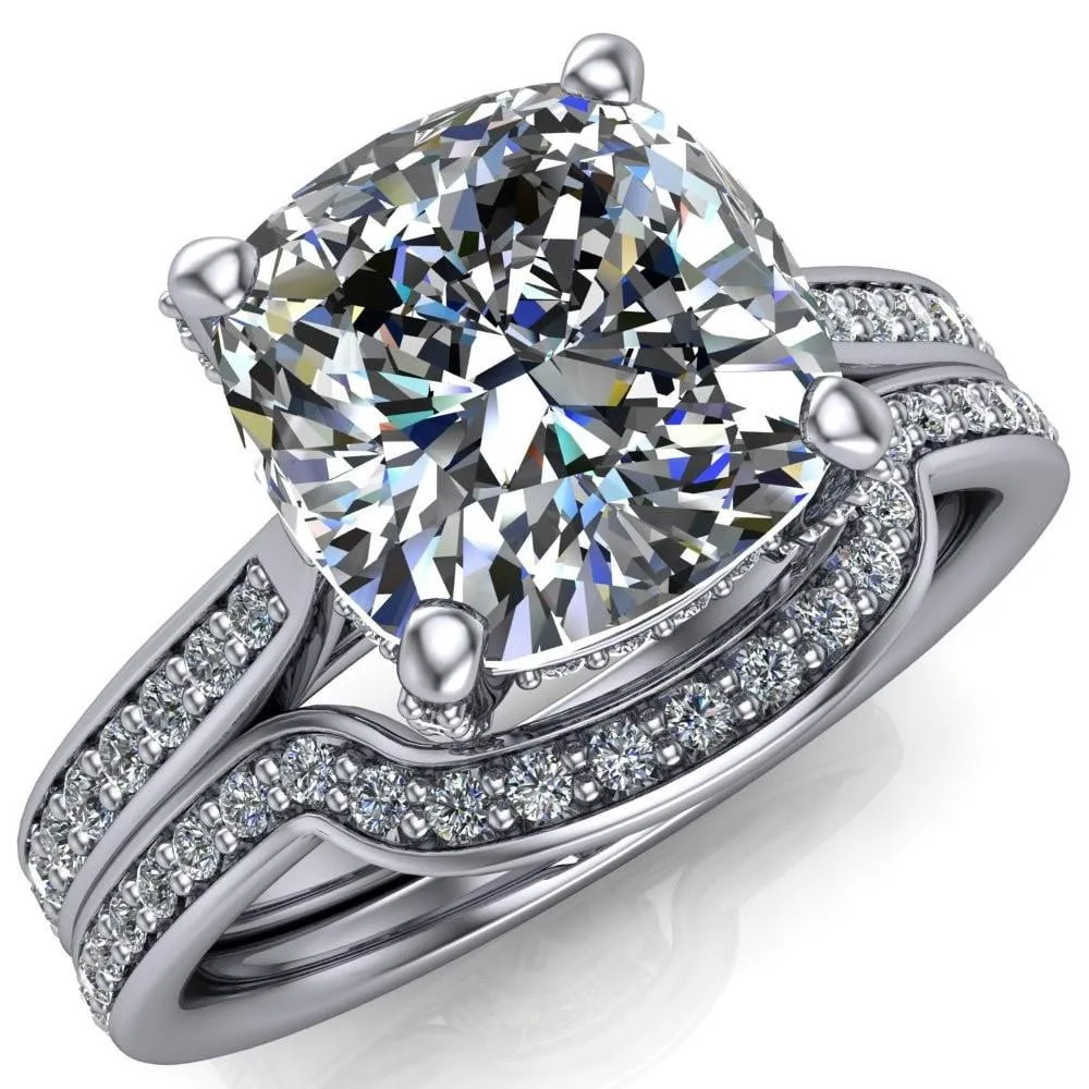 Royce Cushion Center Stone 4 Prong Under Bezel Diamond Channel Engagement Ring