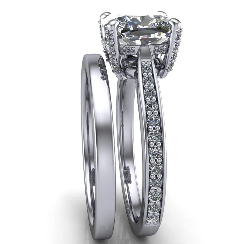 Royce Cushion Center Stone 4 Prong Under Bezel Diamond Channel Engagement Ring