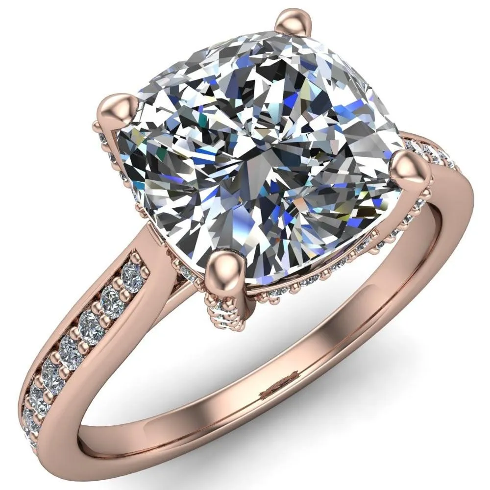 Royce Cushion Center Stone 4 Prong Under Bezel Diamond Channel Engagement Ring