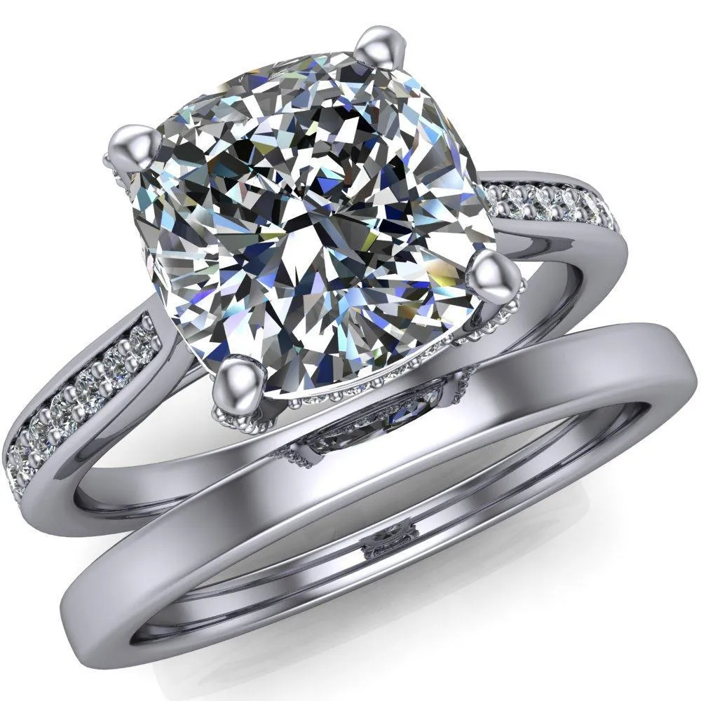 Royce Cushion Center Stone 4 Prong Under Bezel Diamond Channel Engagement Ring