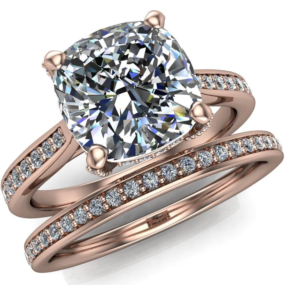 Royce Cushion Center Stone 4 Prong Under Bezel Diamond Channel Engagement Ring