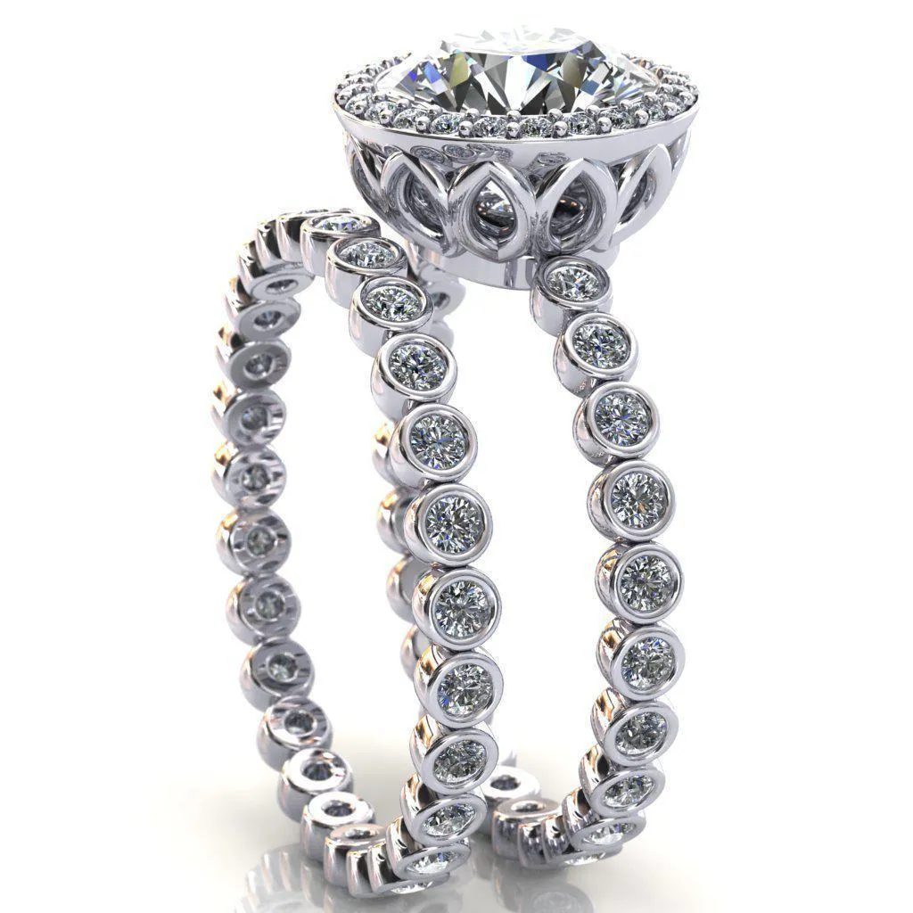 Sarina Round Center Stone Floral Filigree Bezel Set Halo Full Eternity Diamond Ring