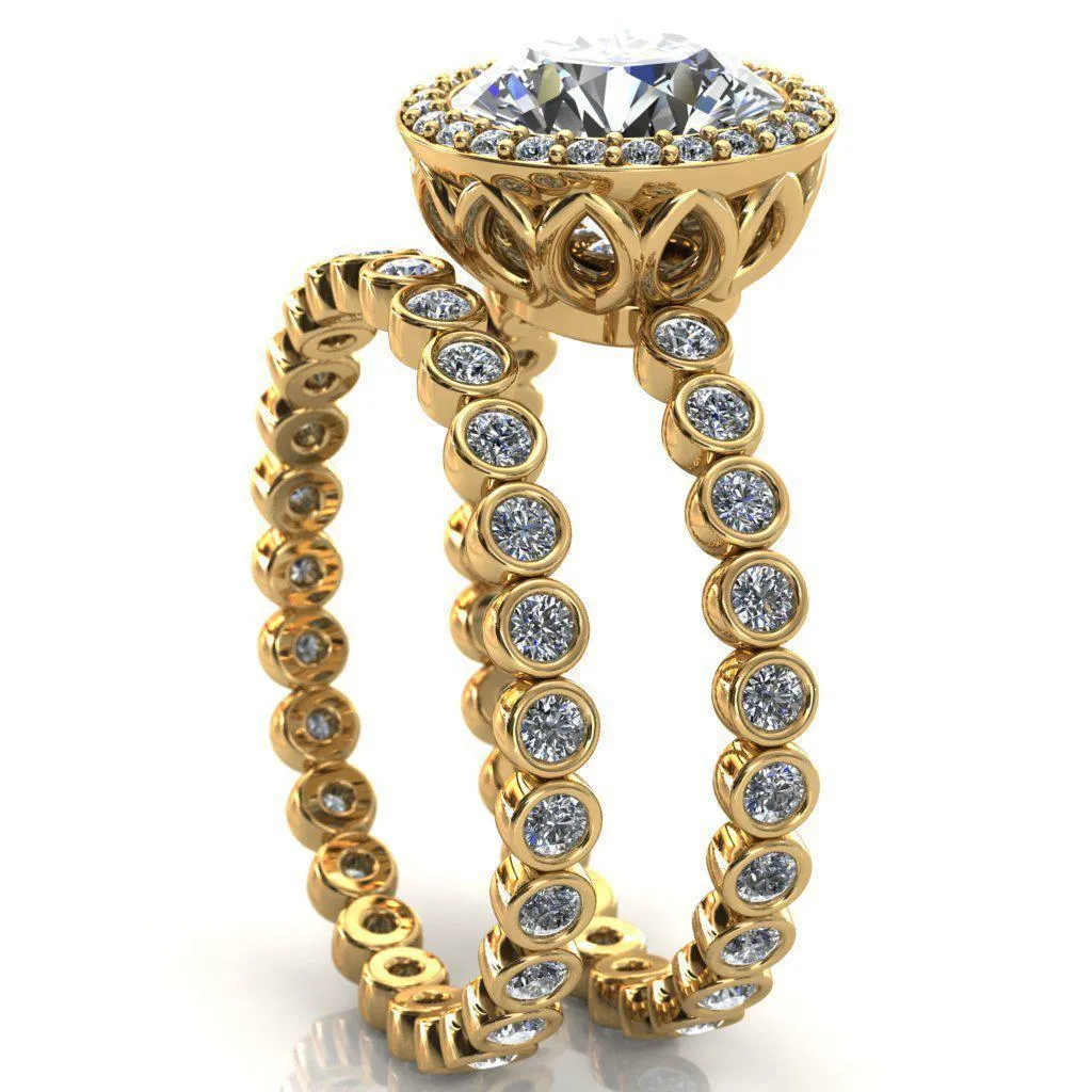Sarina Round Center Stone Floral Filigree Bezel Set Halo Full Eternity Diamond Ring