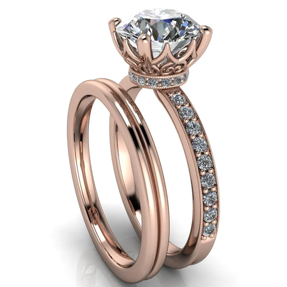 Sasha Round Center Stone Filigree Basket Design & Diamond Neck and Shoulders Ring