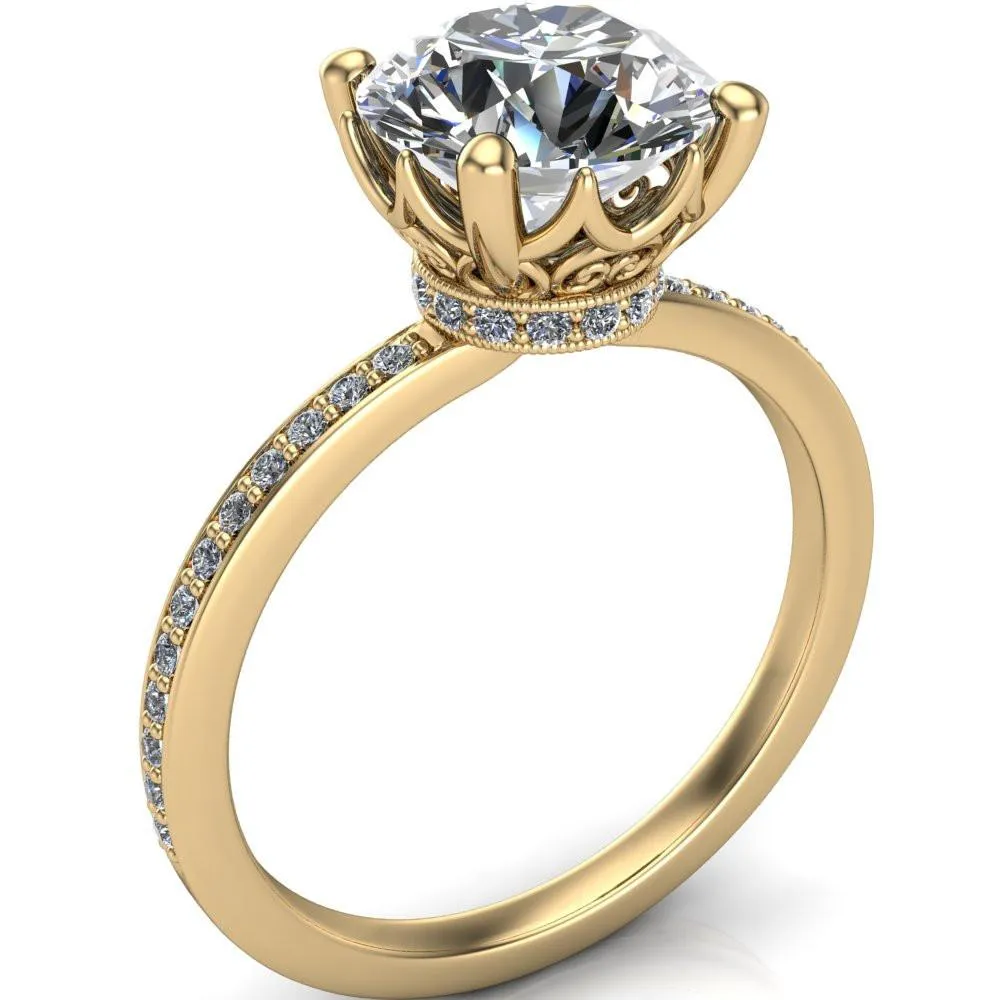 Sasha Round Center Stone Filigree Basket Design & Diamond Neck and Shoulders Ring