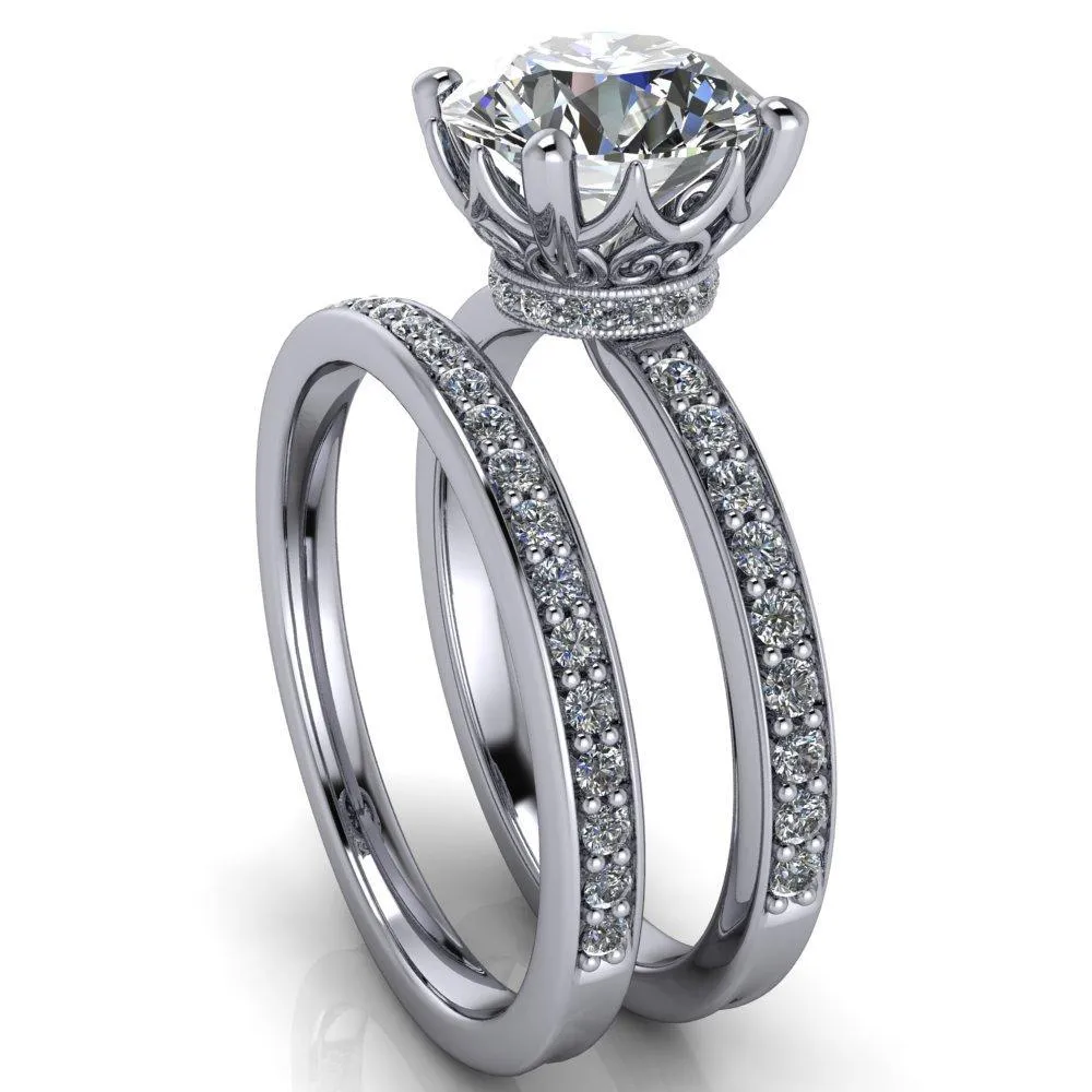 Sasha Round Center Stone Filigree Basket Design & Diamond Neck and Shoulders Ring
