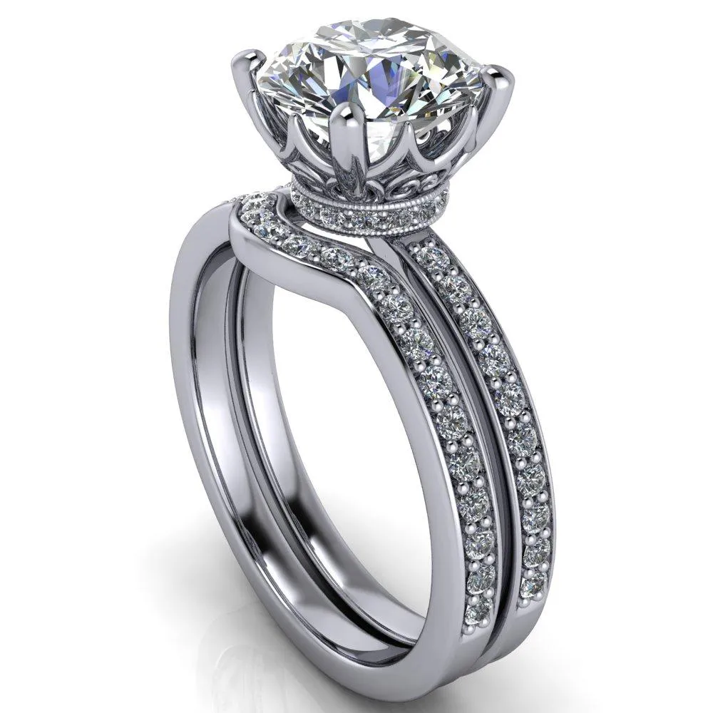 Sasha Round Center Stone Filigree Basket Design & Diamond Neck and Shoulders Ring