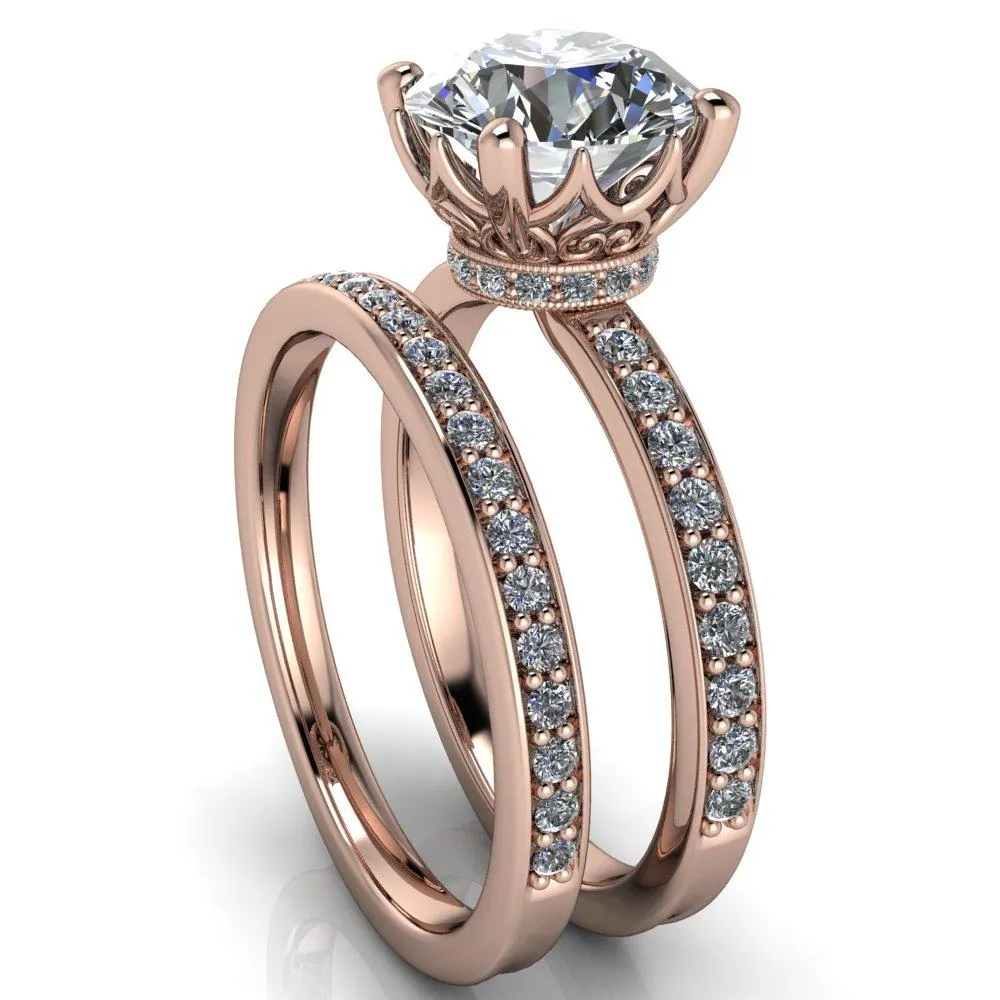 Sasha Round Center Stone Filigree Basket Design & Diamond Neck and Shoulders Ring