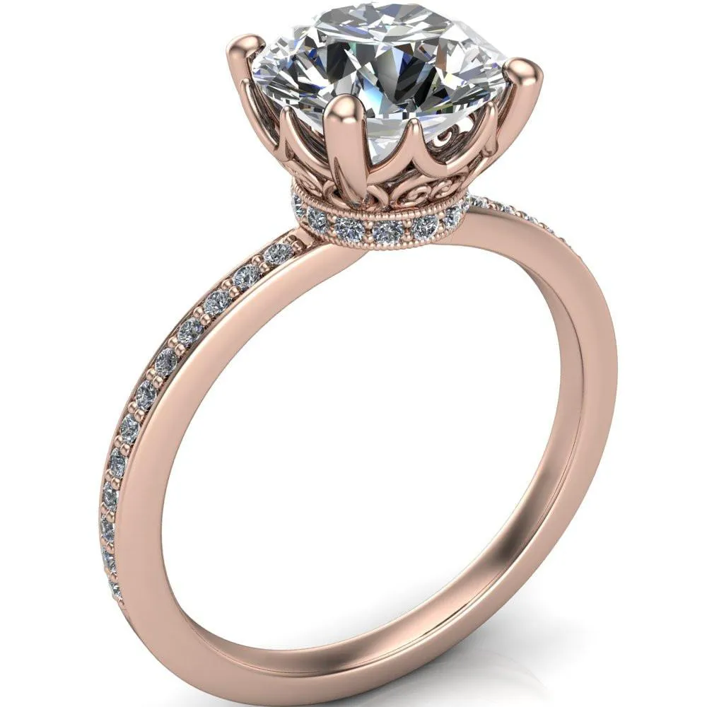 Sasha Round Center Stone Filigree Basket Design & Diamond Neck and Shoulders Ring