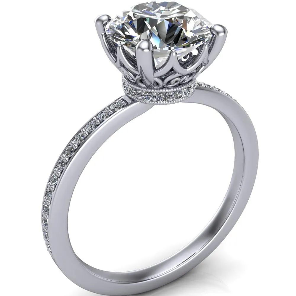 Sasha Round Center Stone Filigree Basket Design & Diamond Neck and Shoulders Ring