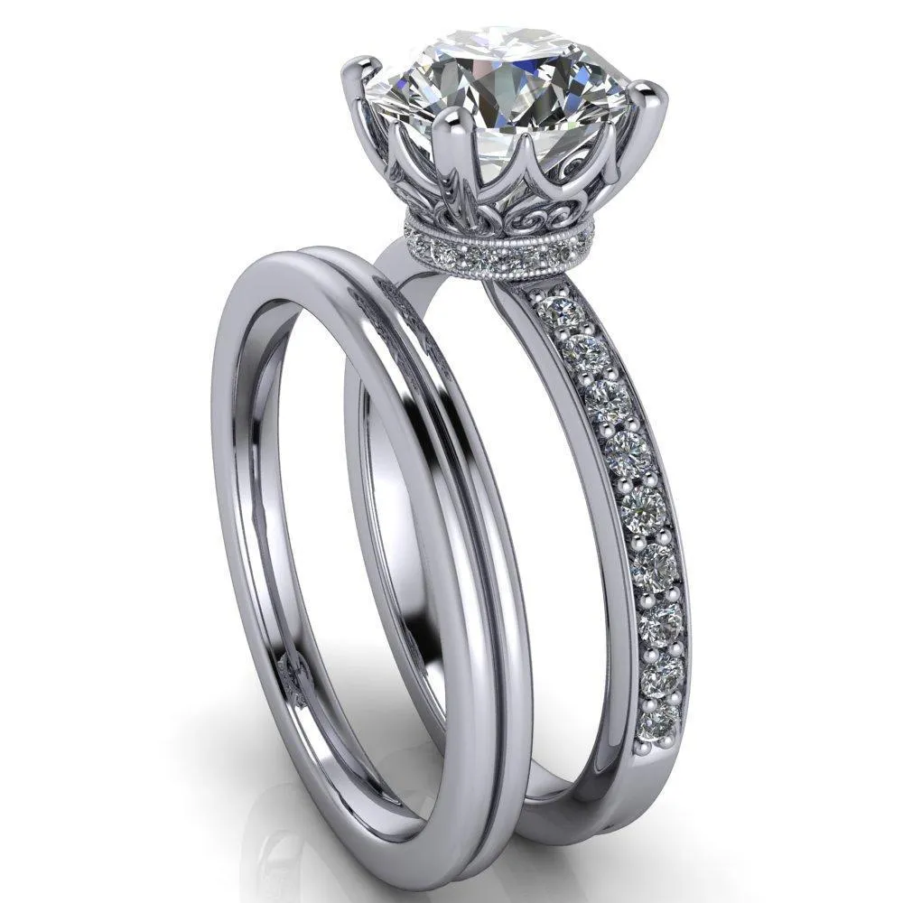 Sasha Round Center Stone Filigree Basket Design & Diamond Neck and Shoulders Ring