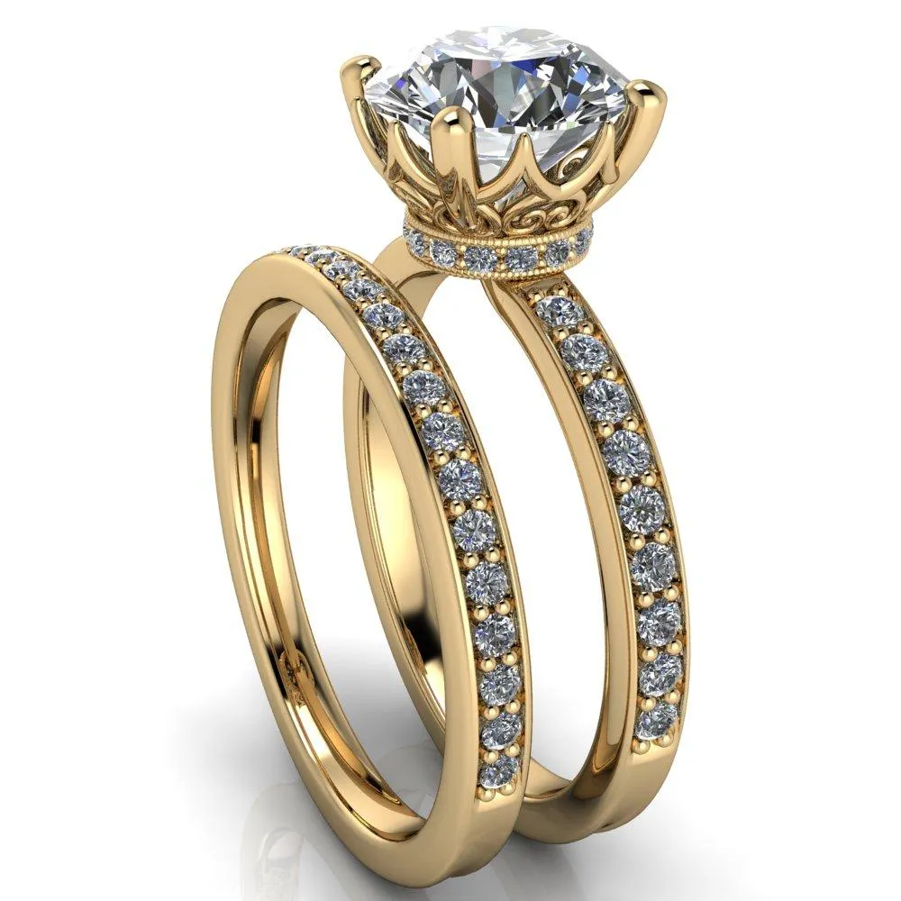Sasha Round Center Stone Filigree Basket Design & Diamond Neck and Shoulders Ring