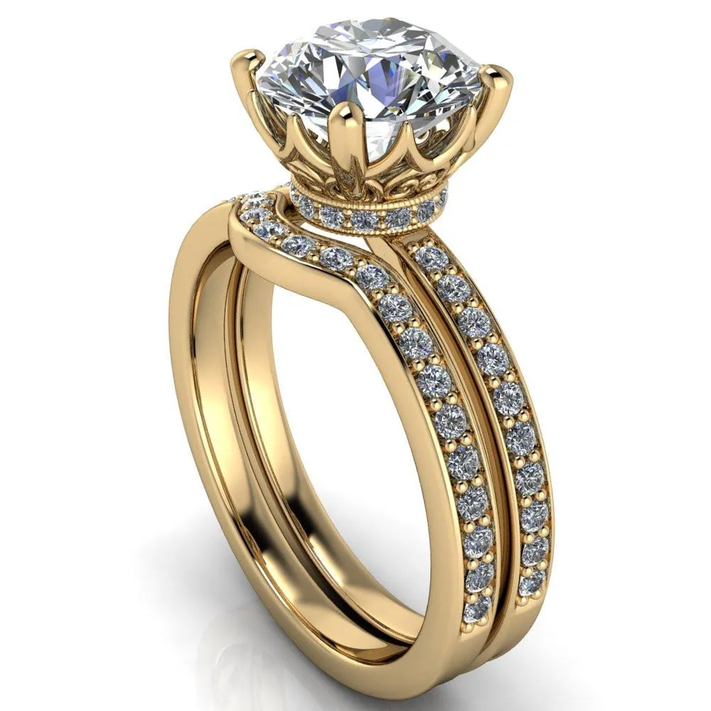 Sasha Round Center Stone Filigree Basket Design & Diamond Neck and Shoulders Ring