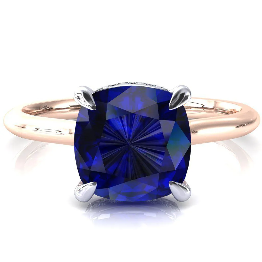 Secret Cushion Blue Sapphire 4 Prong Floating Halo Engagement Ring