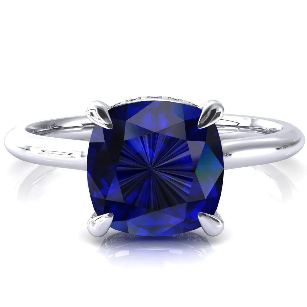 Secret Cushion Blue Sapphire 4 Prong Floating Halo Engagement Ring