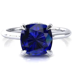 Secret Cushion Blue Sapphire 4 Prong Floating Halo Engagement Ring