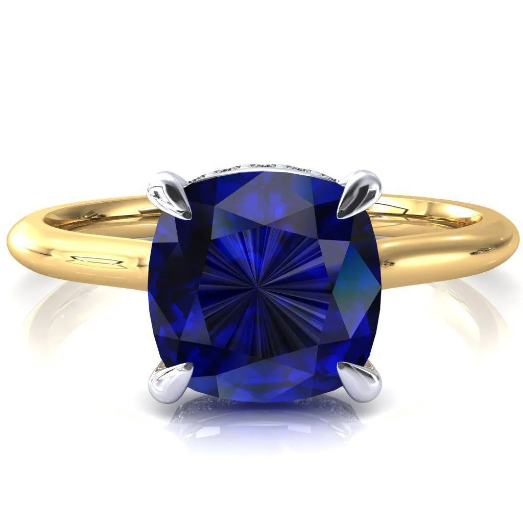 Secret Cushion Blue Sapphire 4 Prong Floating Halo Engagement Ring