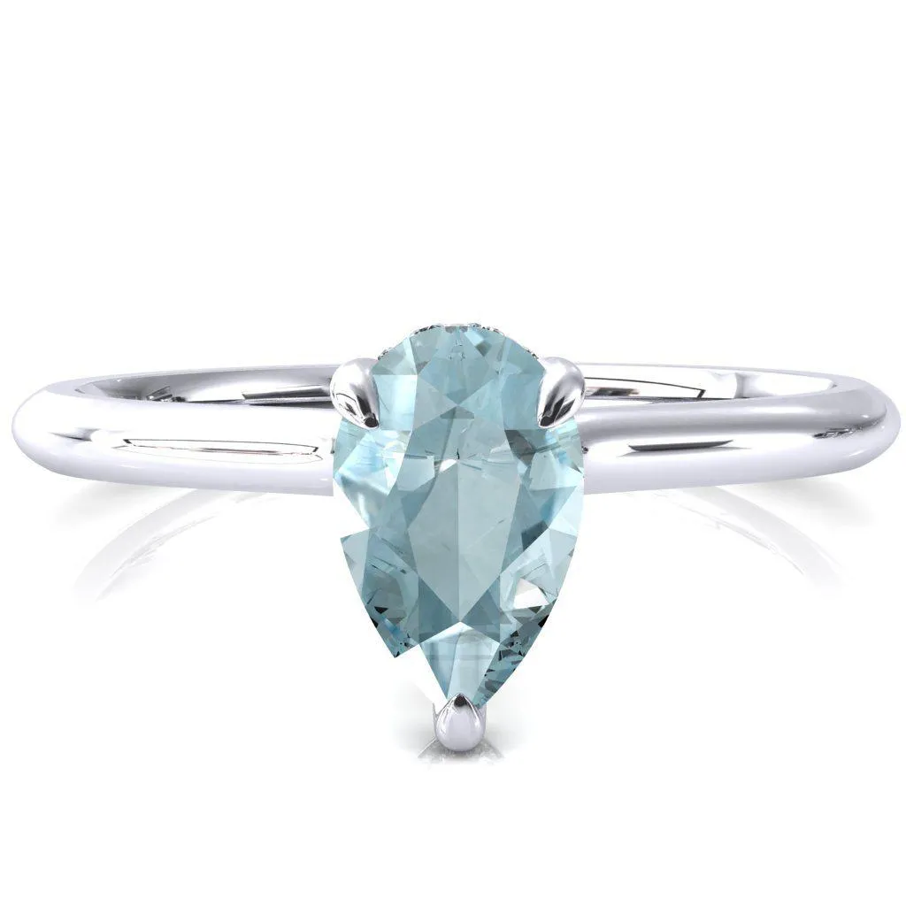 Secret Pear Aqua Blue Spinel 3 Prong Floating Halo Engagement Ring