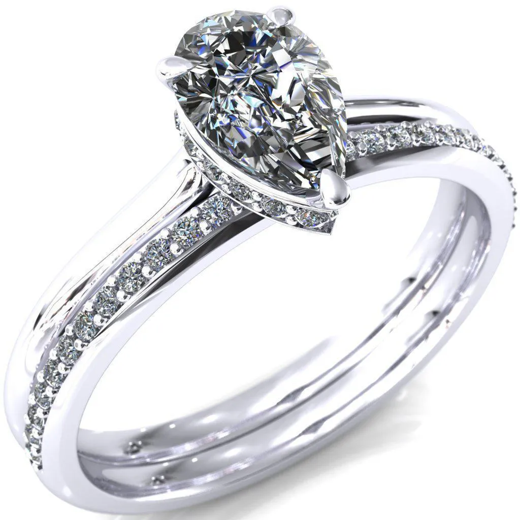 Secret Pear Center Stone 3 Prong Floating Halo Engagement Ring
