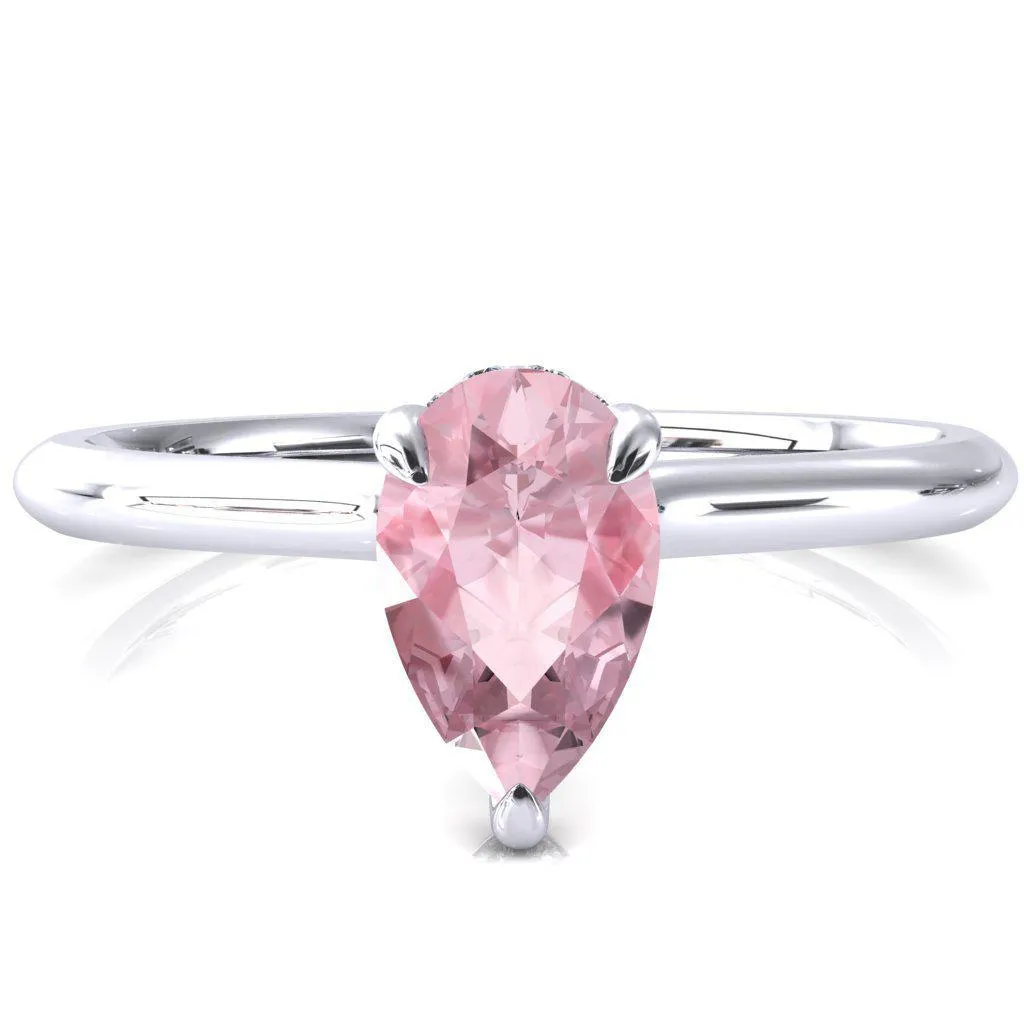 Secret Pear Pink Sapphire 3 Prong Floating Halo Engagement Ring