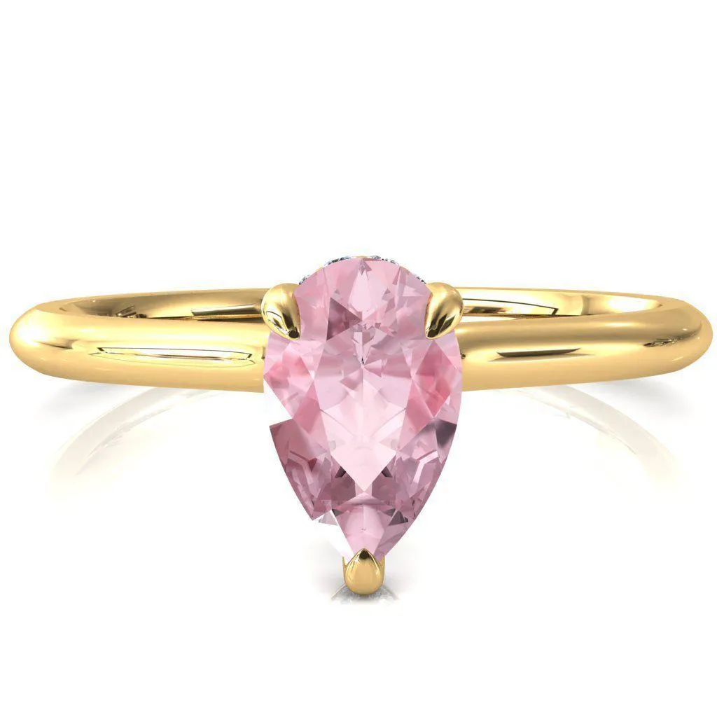 Secret Pear Pink Sapphire 3 Prong Floating Halo Engagement Ring
