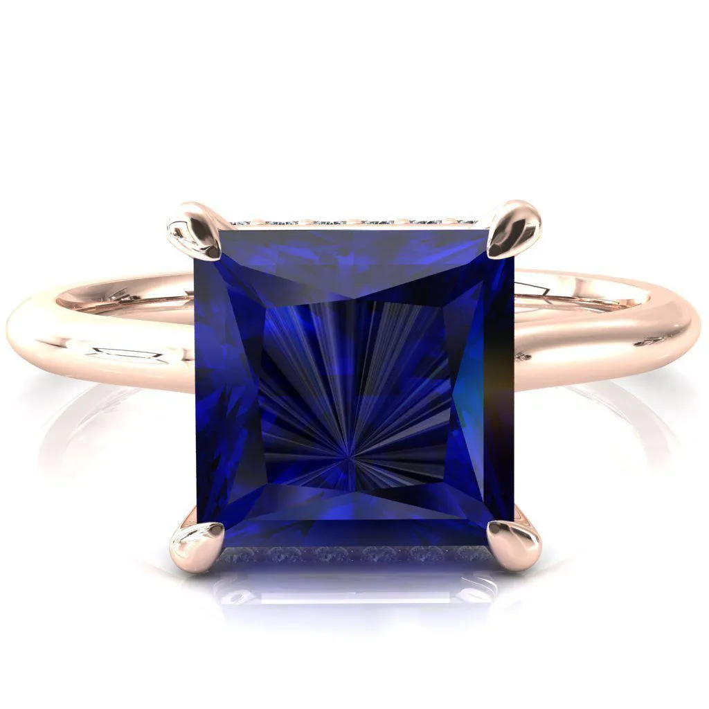 Secret Princess Blue Sapphire 4 Prong Floating Halo Engagement Ring