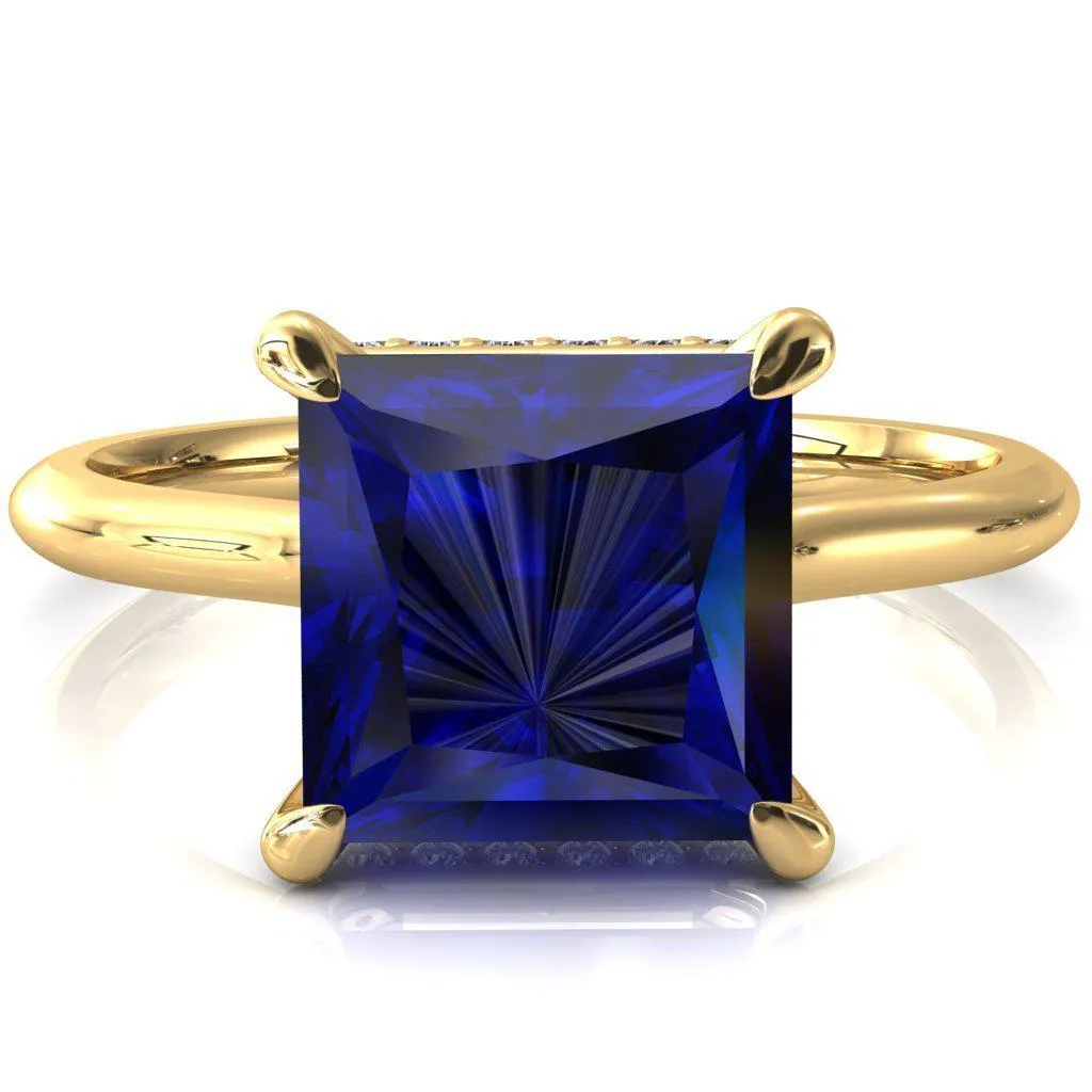 Secret Princess Blue Sapphire 4 Prong Floating Halo Engagement Ring