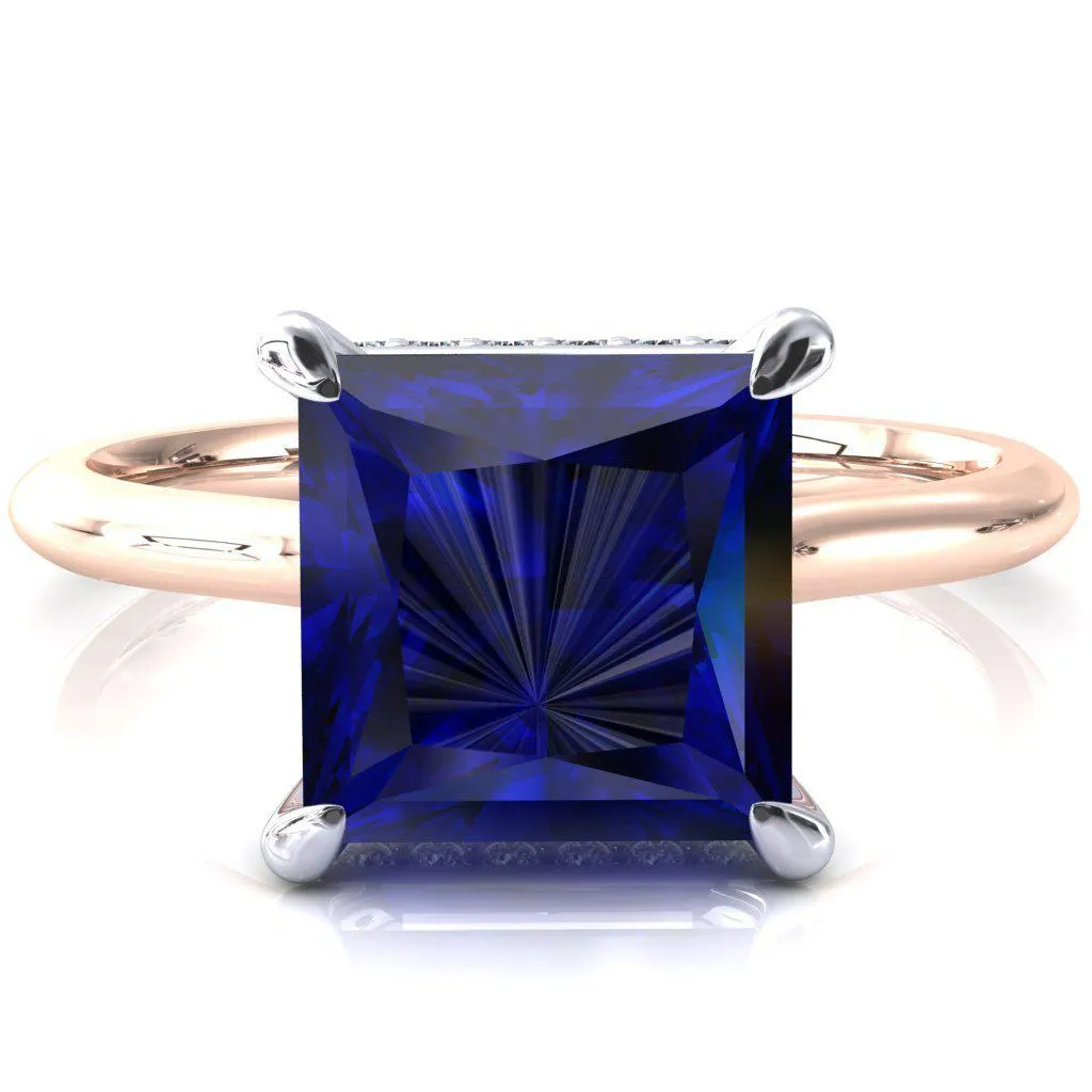 Secret Princess Blue Sapphire 4 Prong Floating Halo Engagement Ring