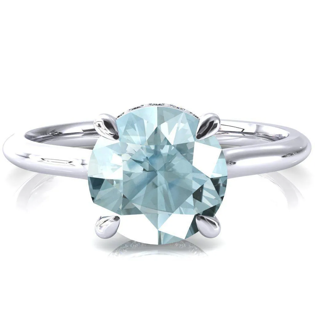 Secret Round Aqua Blue Spinel 4 Prong Floating Halo Engagement Ring