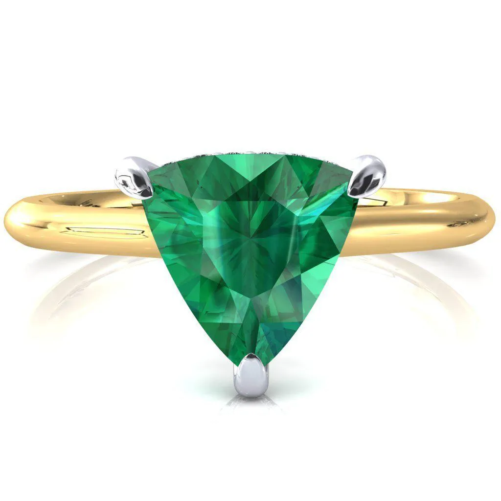 Secret Trillion Emerald 3 Prong Floating Halo Engagement Ring