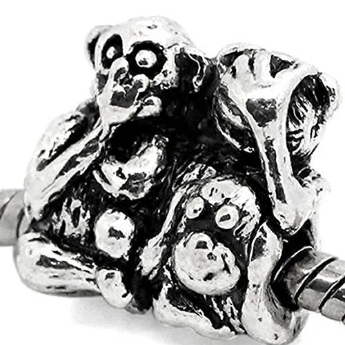 See No Evil Hear No Evil Speak No Evil Monkey Charm European Bead Compatible for Most European Snake Chain Bracelet