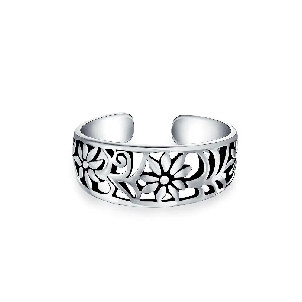 Set of 2 Flowers Vine Carved Swirl Filigree Midi Toe Ring Sterling Silver