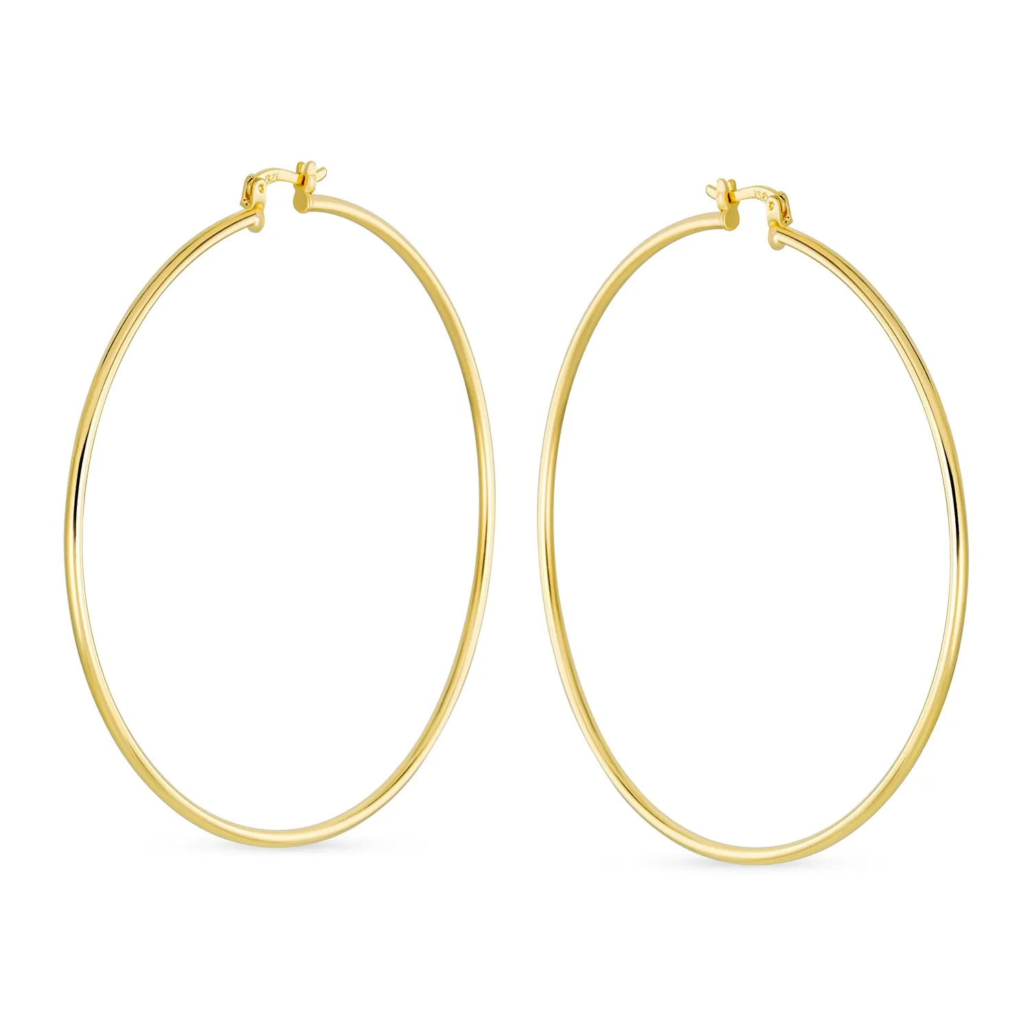 Set of 2 Minimalist Hoop Earrings 2MM Gold Plated 2 Inch & 2.75 Inch