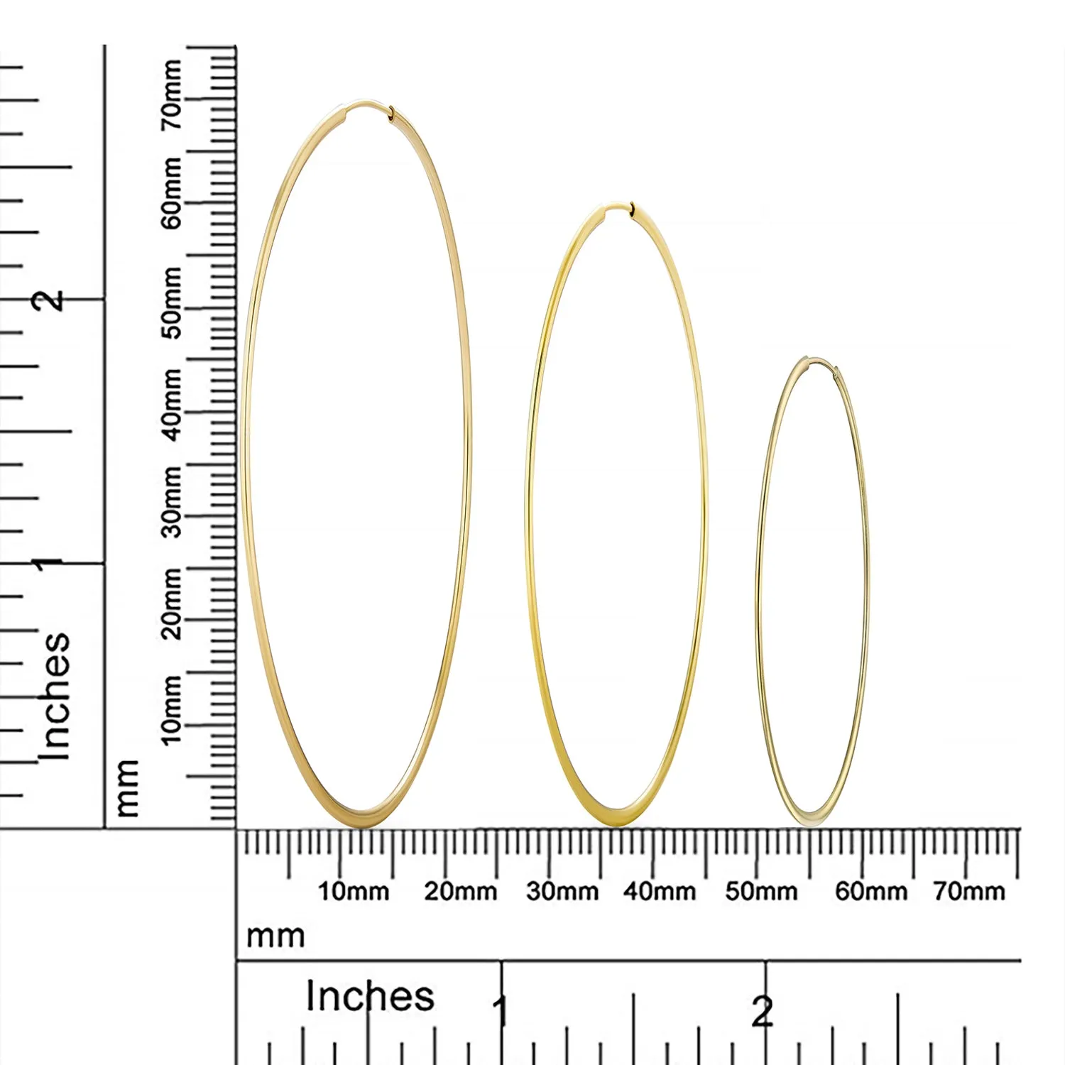 Set of 2 Minimalist Hoop Earrings 2MM Gold Plated 2 Inch & 2.75 Inch
