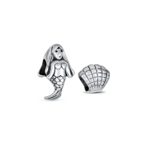 Set of 2 Nautical Clam Shell and Sea Nymph Mermaid Charm Bead Sterling Silver