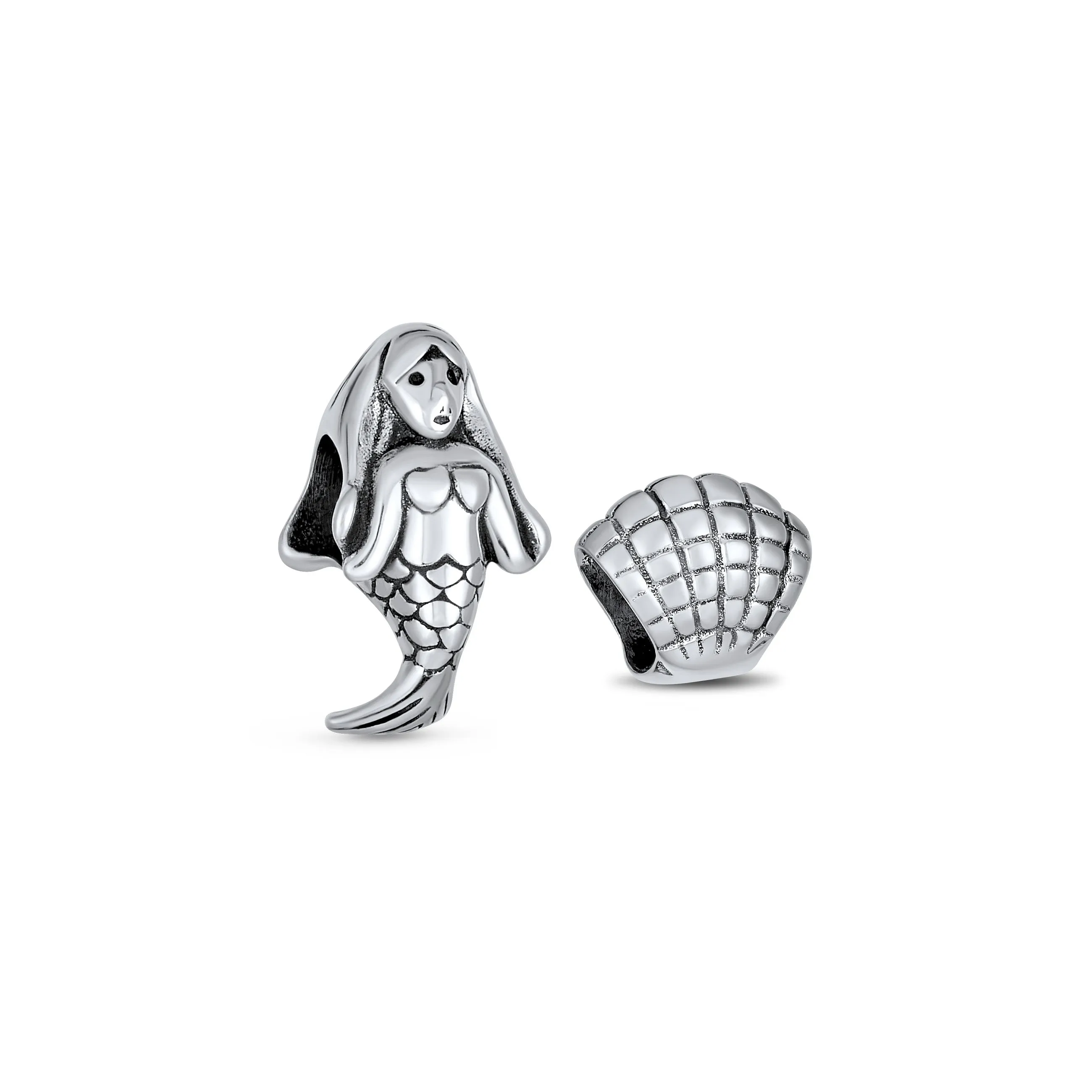 Set of 2 Nautical Clam Shell and Sea Nymph Mermaid Charm Bead Sterling Silver