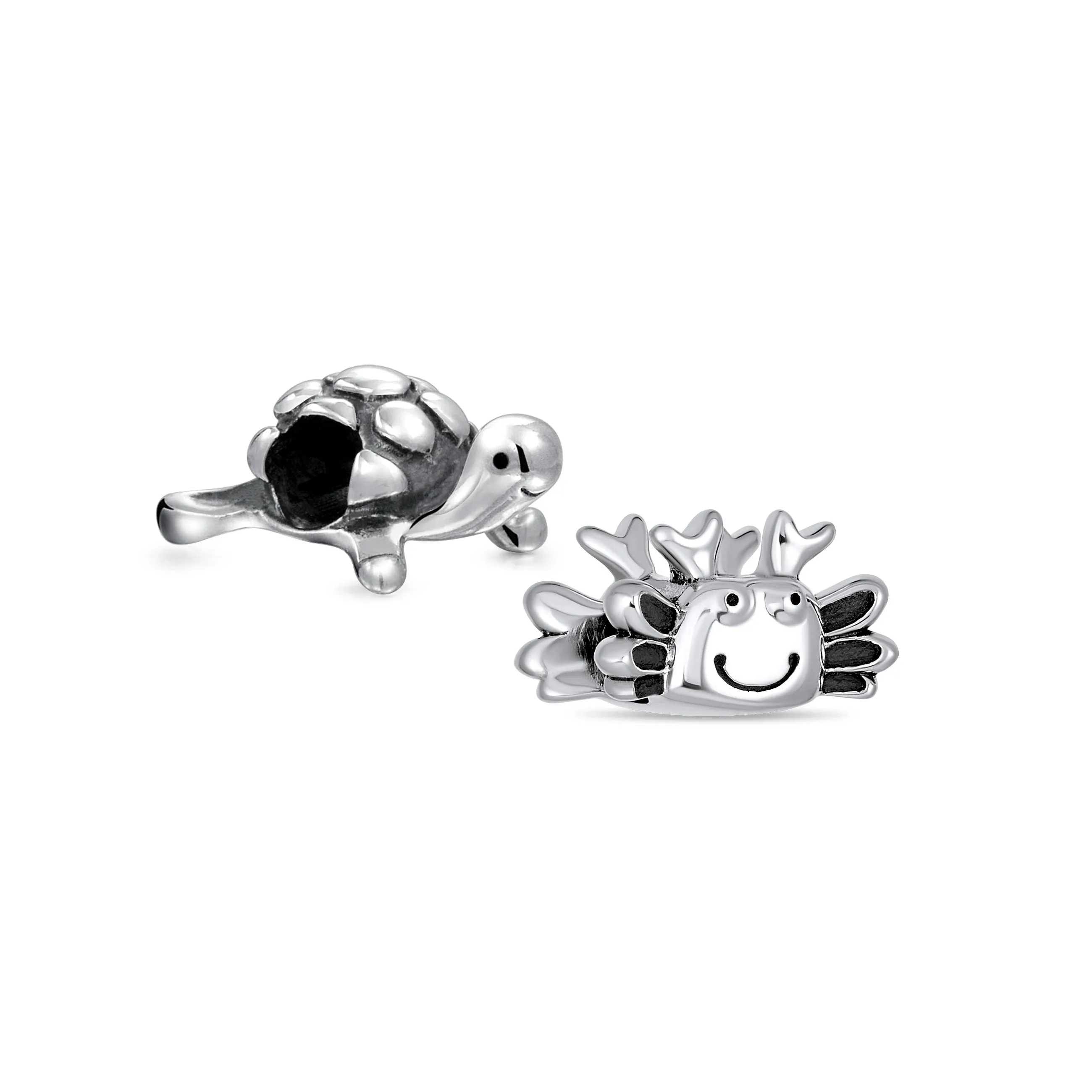 Set of 2 Nautical Travel Crab & Sea Turtle Charm Bead Sterling Silver