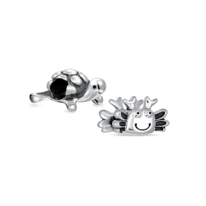 Set of 2 Nautical Travel Crab & Sea Turtle Charm Bead Sterling Silver