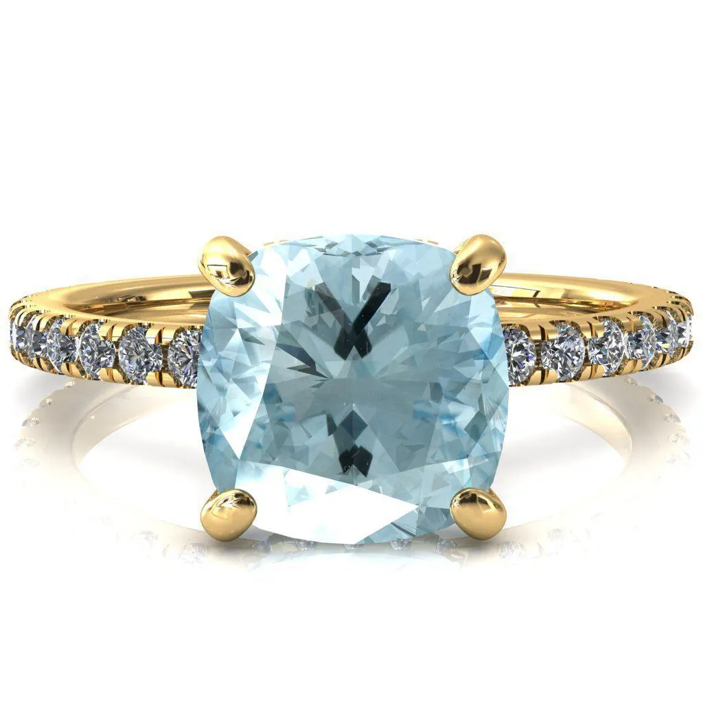 Sicili Cushion Aqua Blue Spinel 4 Prong 3/4 Micro Pave Diamond Engagement Ring