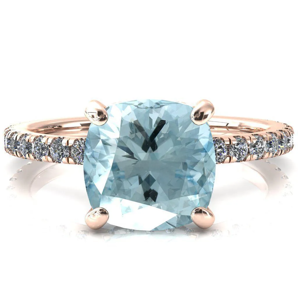 Sicili Cushion Aqua Blue Spinel 4 Prong 3/4 Micro Pave Diamond Engagement Ring