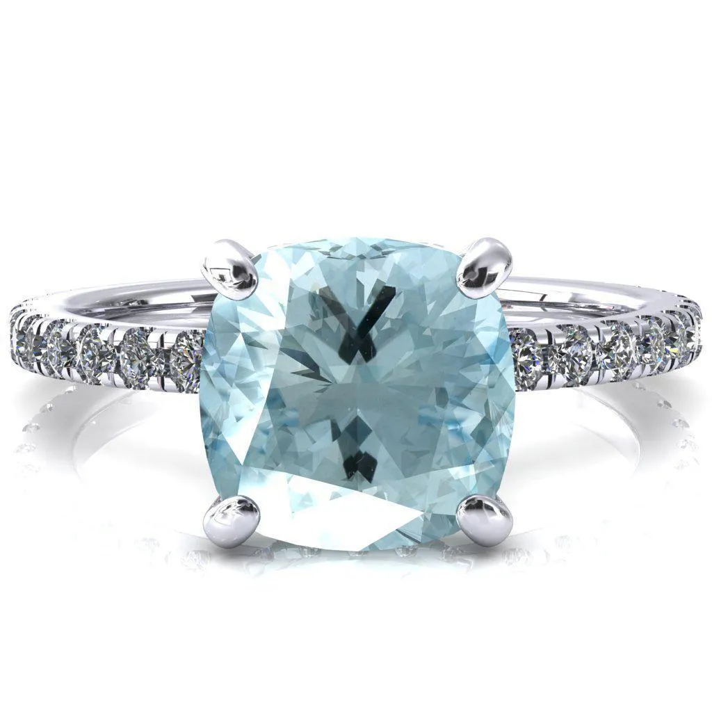 Sicili Cushion Aqua Blue Spinel 4 Prong 3/4 Micro Pave Diamond Engagement Ring