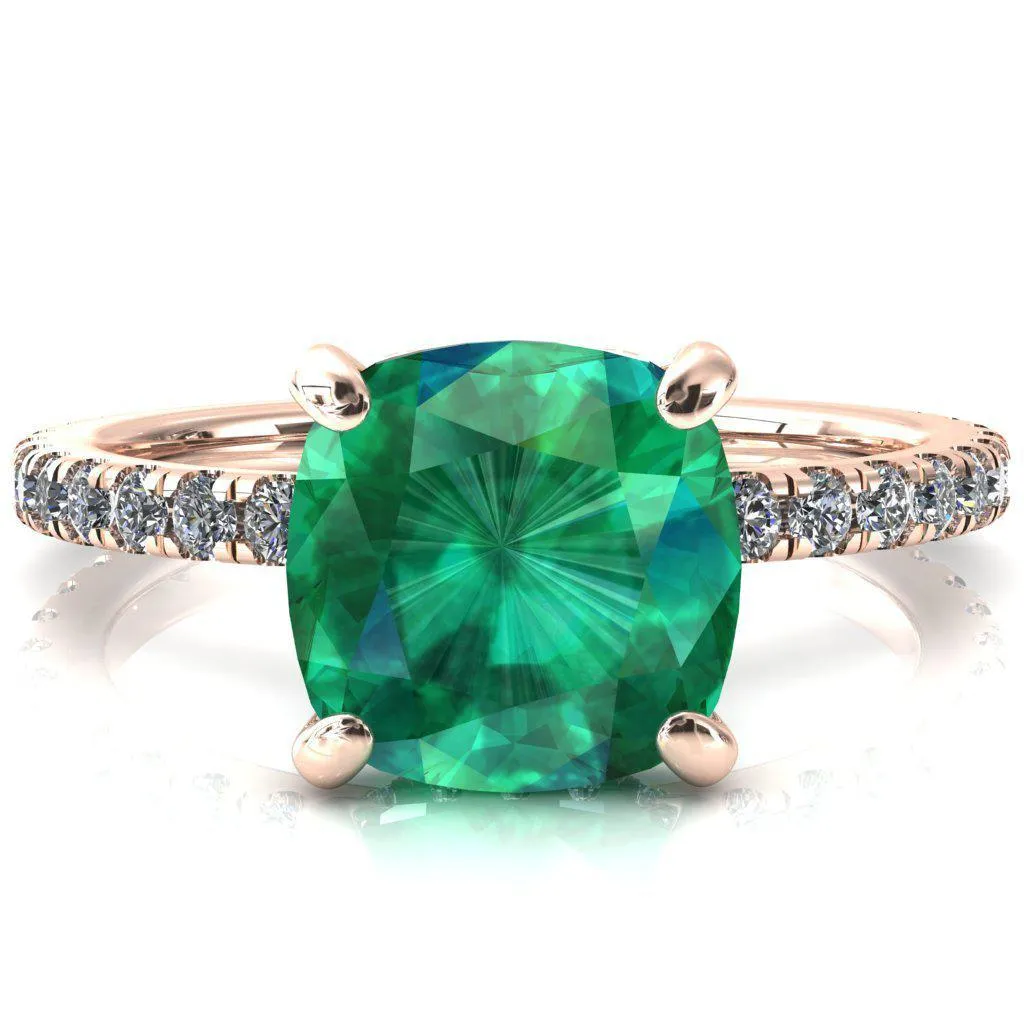 Sicili Cushion Emerald 4 Prong 3/4 Micro Pave Diamond Engagement Ring