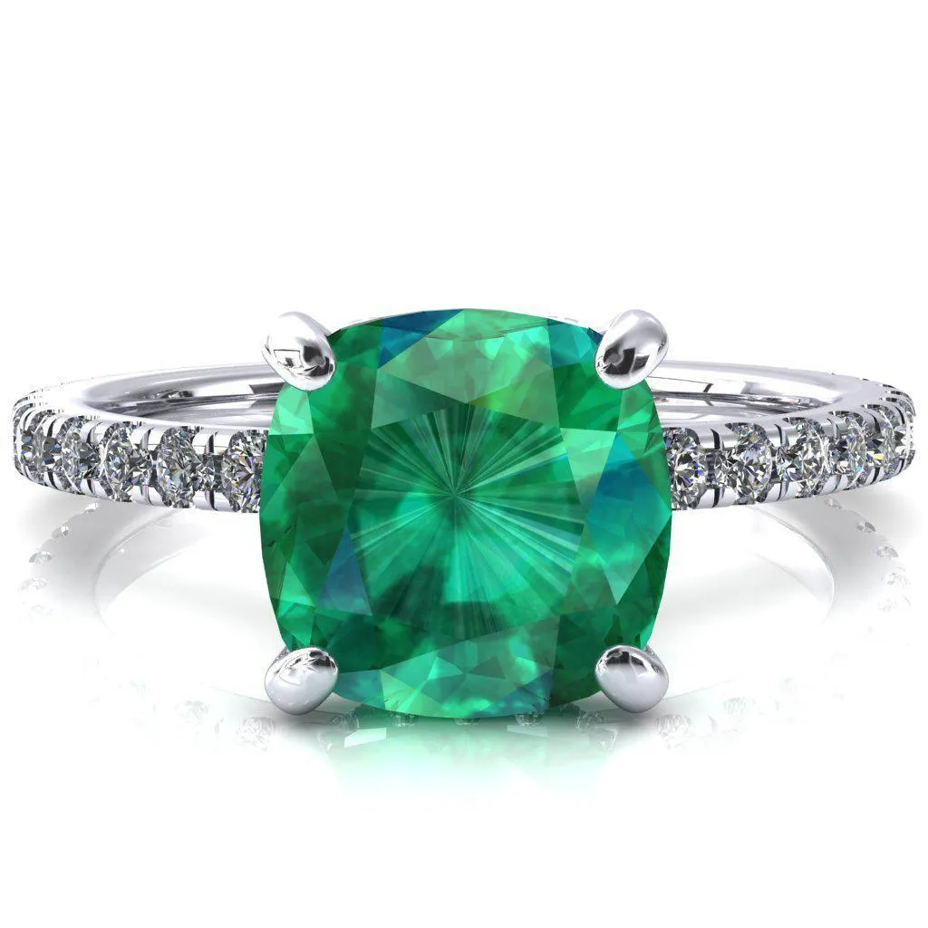 Sicili Cushion Emerald 4 Prong 3/4 Micro Pave Diamond Engagement Ring