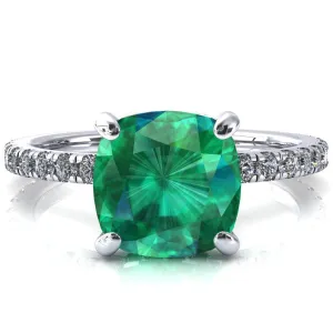 Sicili Cushion Emerald 4 Prong 3/4 Micro Pave Diamond Engagement Ring