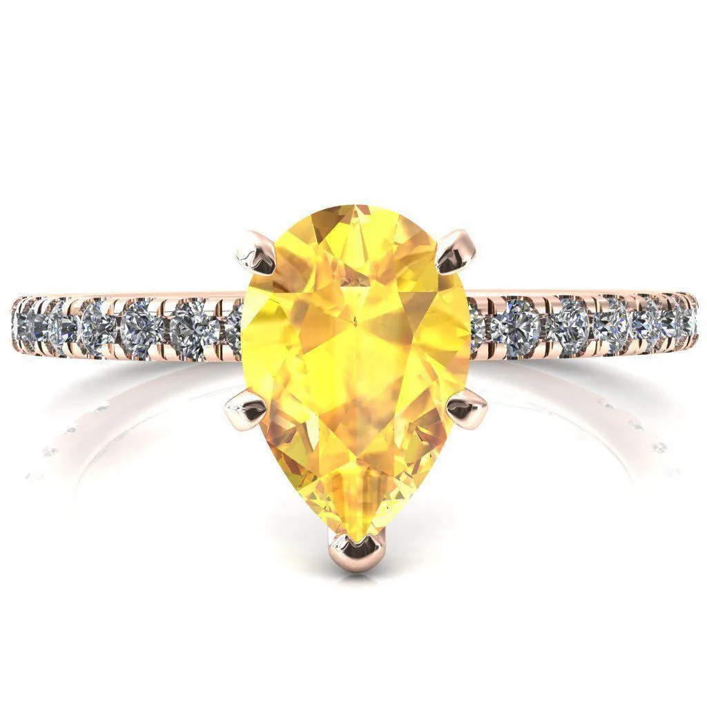 Sicili Pear Yellow Sapphire 5 Prong 3/4 Micro Pave Diamond Engagement Ring