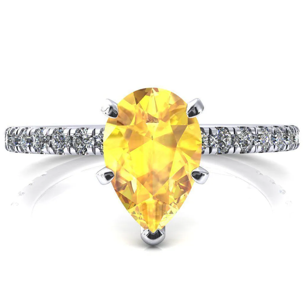 Sicili Pear Yellow Sapphire 5 Prong 3/4 Micro Pave Diamond Engagement Ring