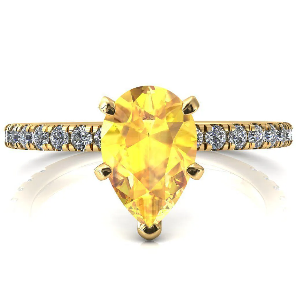 Sicili Pear Yellow Sapphire 5 Prong 3/4 Micro Pave Diamond Engagement Ring