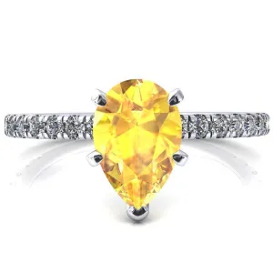 Sicili Pear Yellow Sapphire 5 Prong 3/4 Micro Pave Diamond Engagement Ring