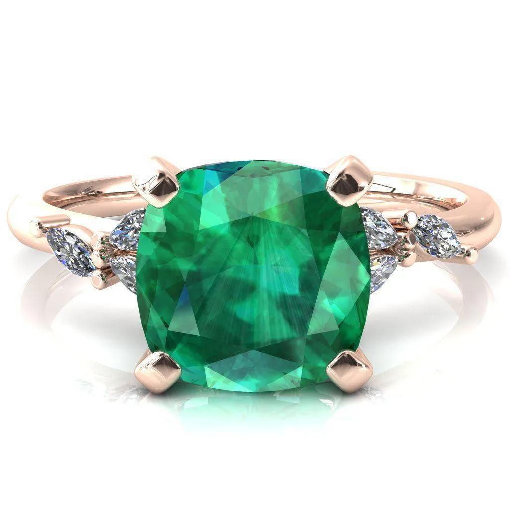 Sigrid Cushion Emerald 4 Prong Marquise Diamond Side Ring
